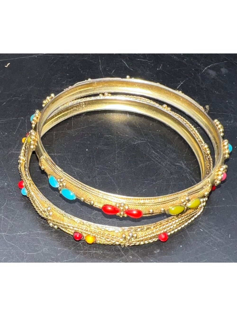 Pair Vintage Gold-Tone Bangles Multicolor Beads Art Deco Design Size 8 Boho